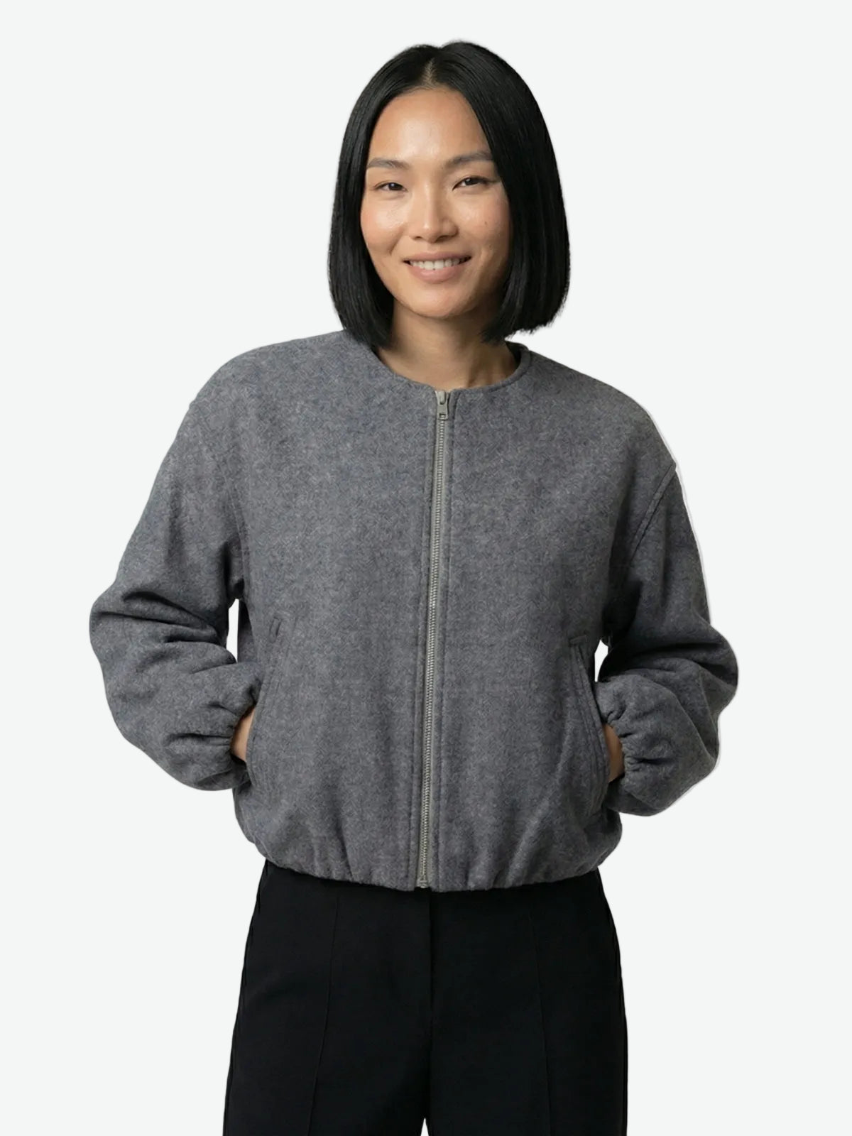 Collarless Wool Zip Bomber Jacket