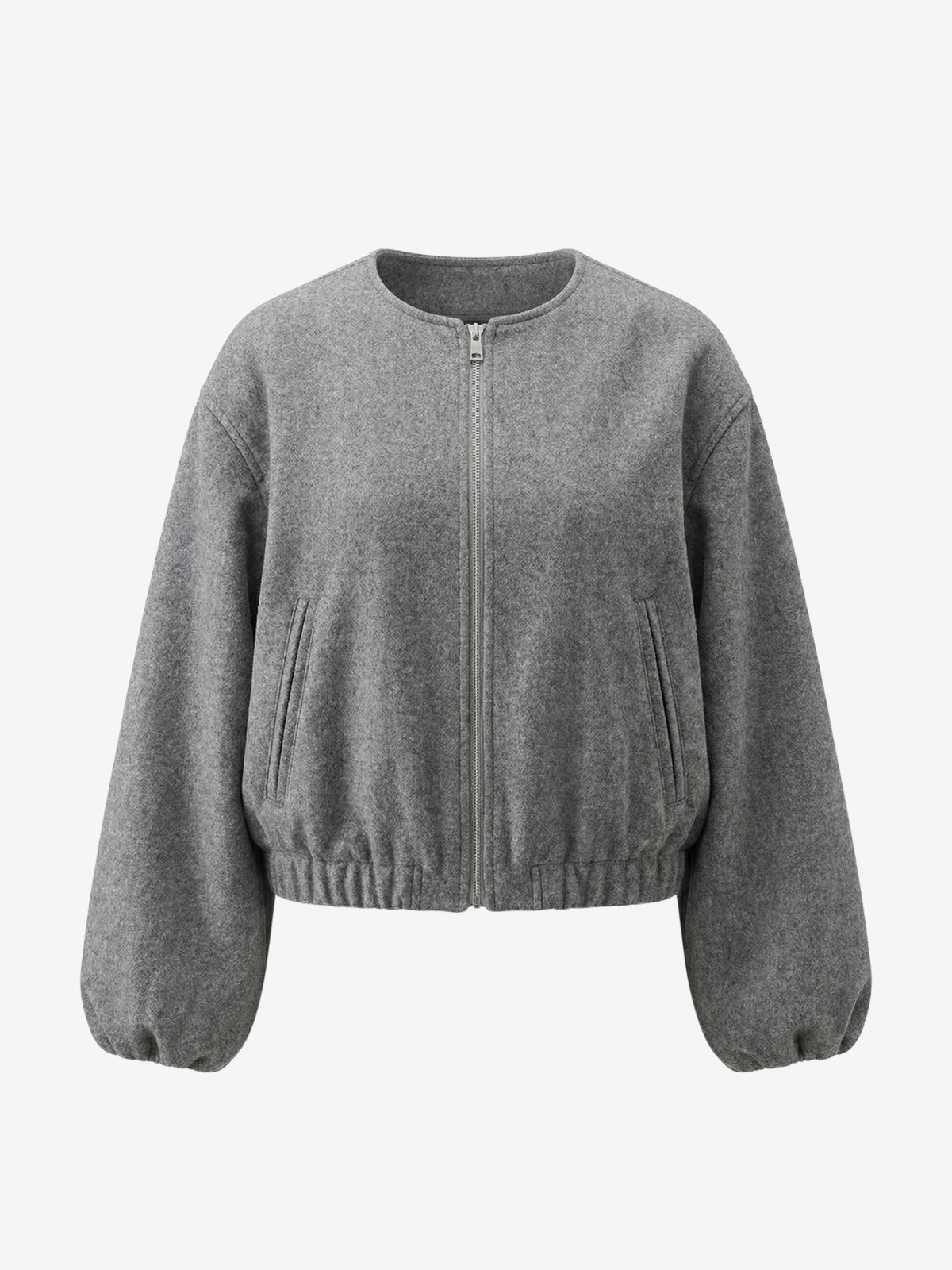 Collarless Wool Zip Bomber Jacket