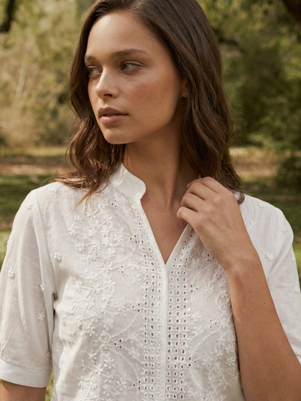 Embroidered V-Neck Short Sleeve Blouse