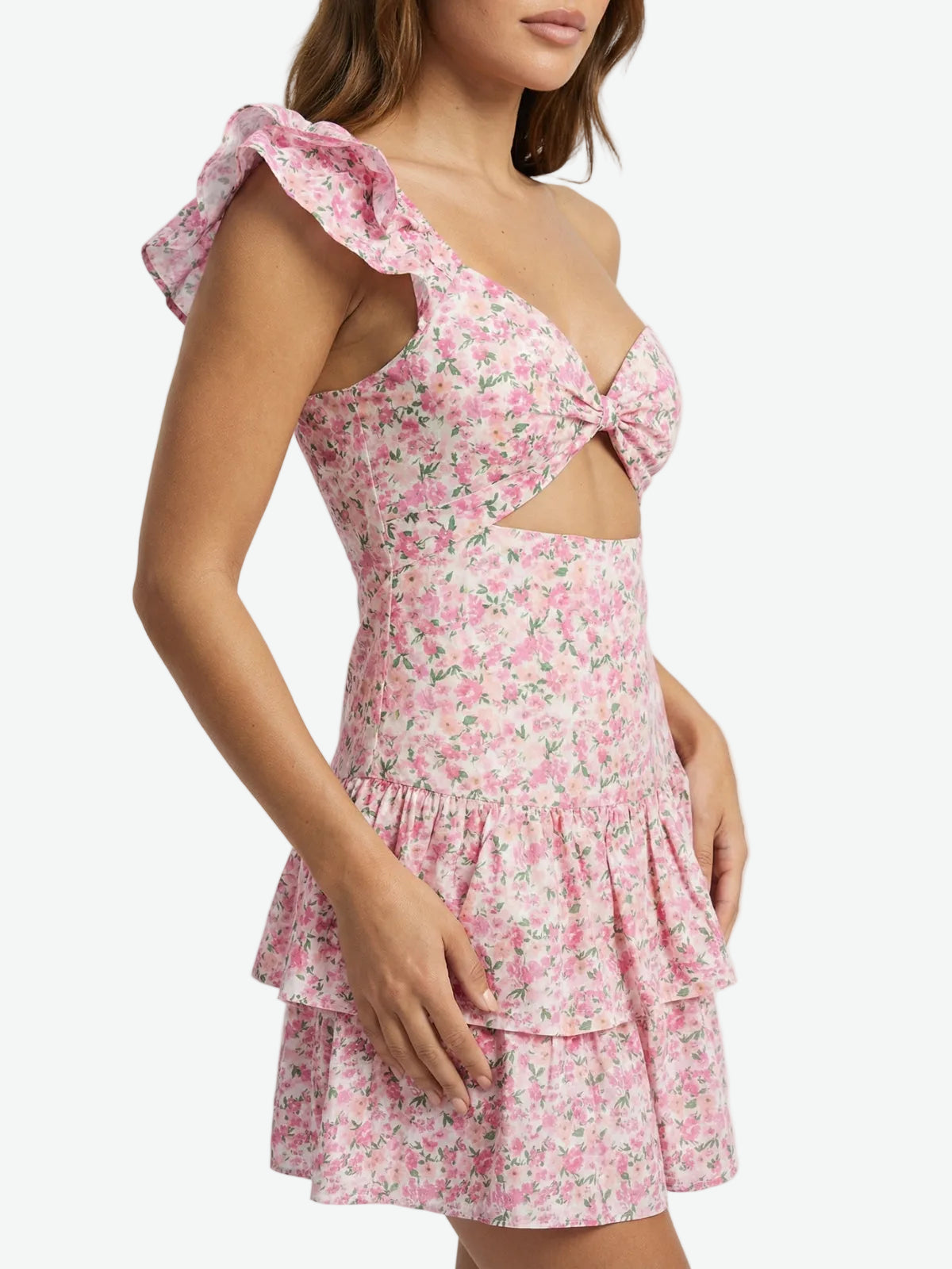 Floral One Shoulder Cut-Out Mini Dress