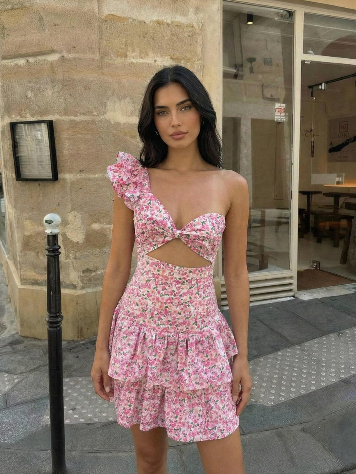 Floral One Shoulder Cut-Out Mini Dress
