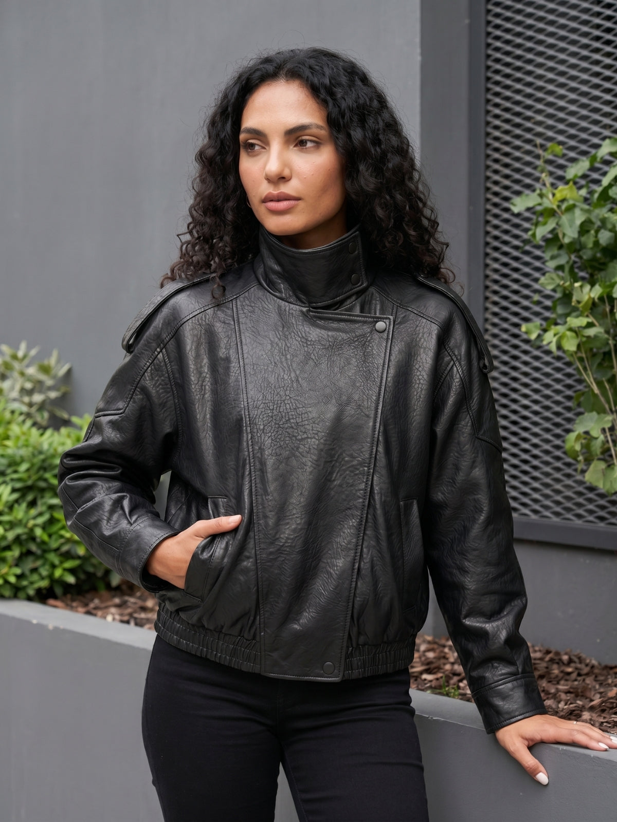 High Neck Faux Leather Moto Jacket