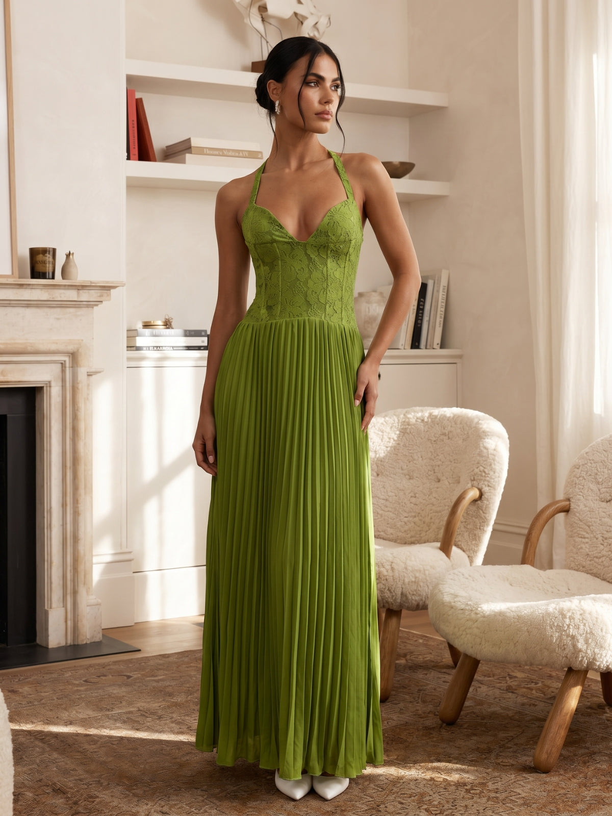 Lace Corset Pleated Halter Maxi Dress