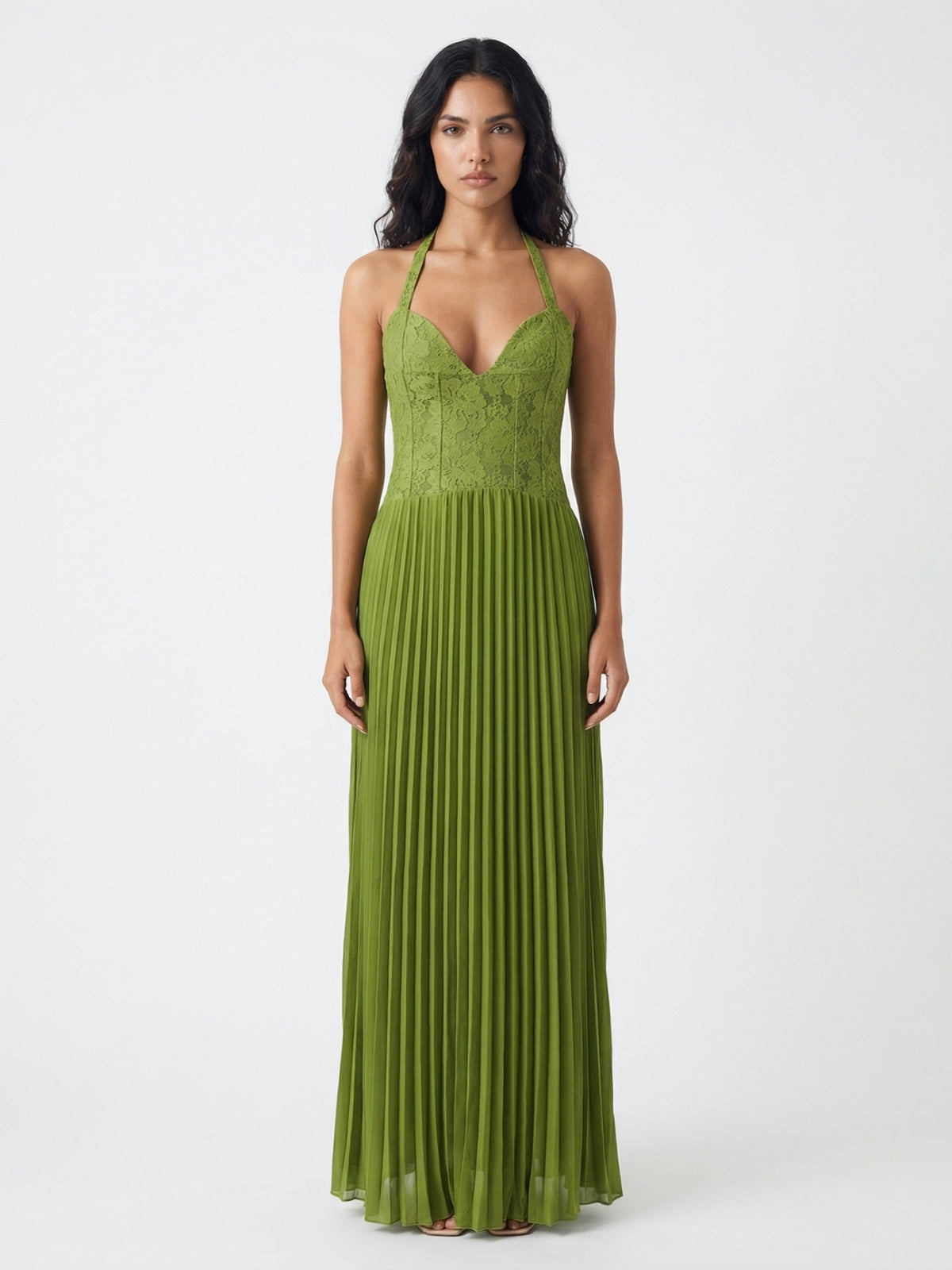 Lace Corset Pleated Halter Maxi Dress