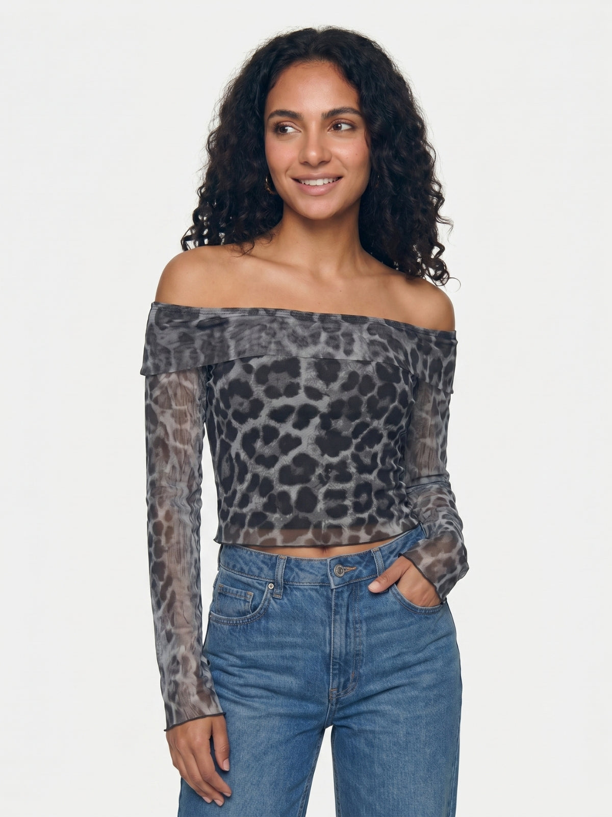 Leopard Mesh Off Shoulder Long Sleeve Crop Top