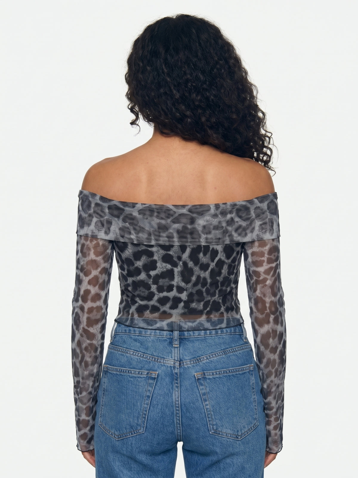 Leopard Mesh Off Shoulder Long Sleeve Crop Top