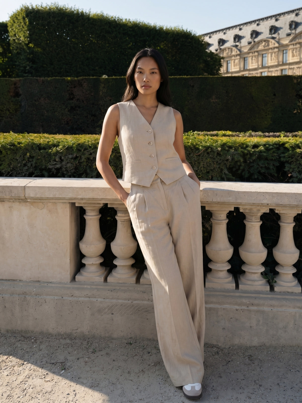 Linen Waistcoat And Wide Leg Trouser Set - Beige