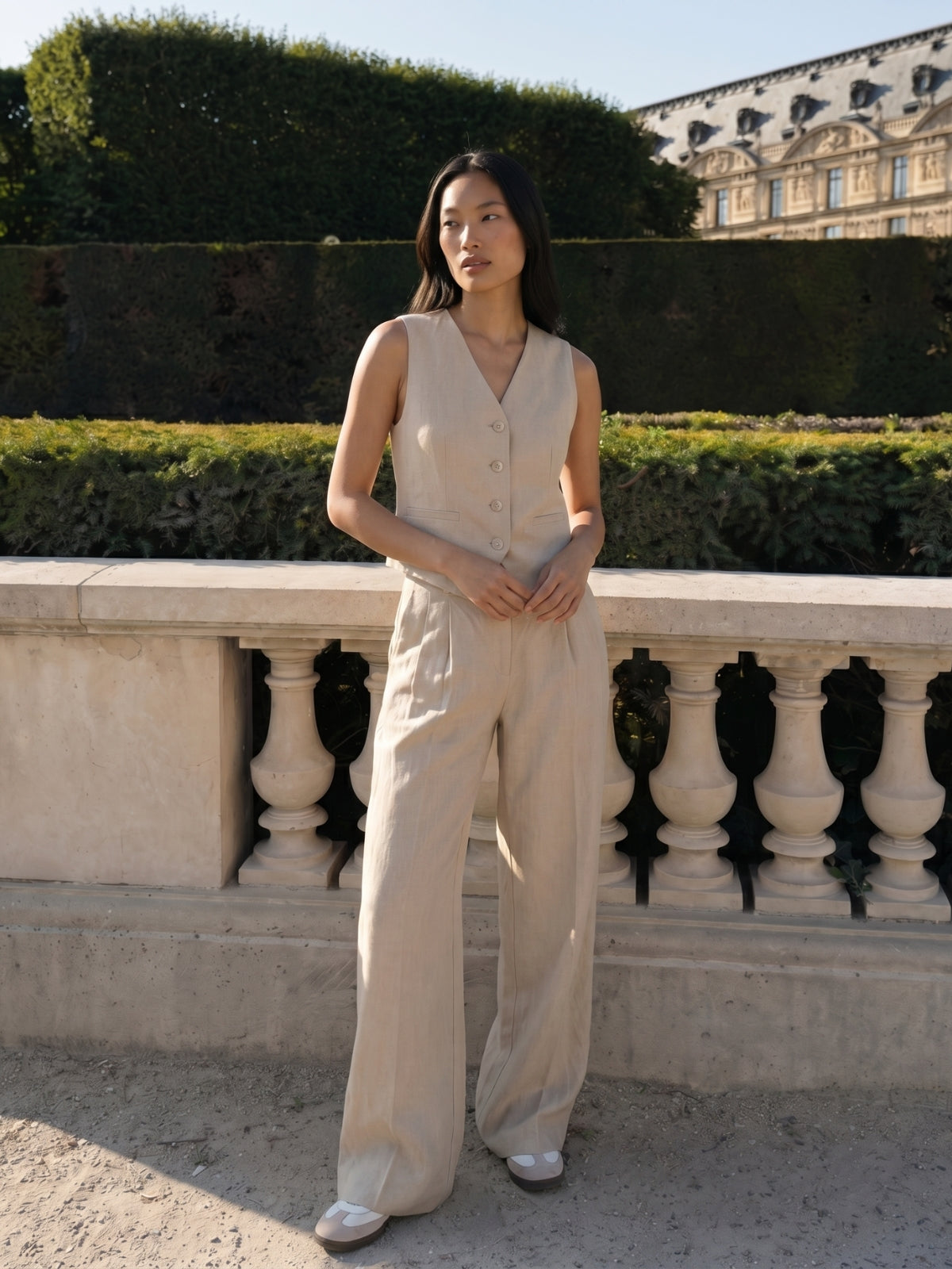 Linen Waistcoat And Wide Leg Trouser Set - Beige