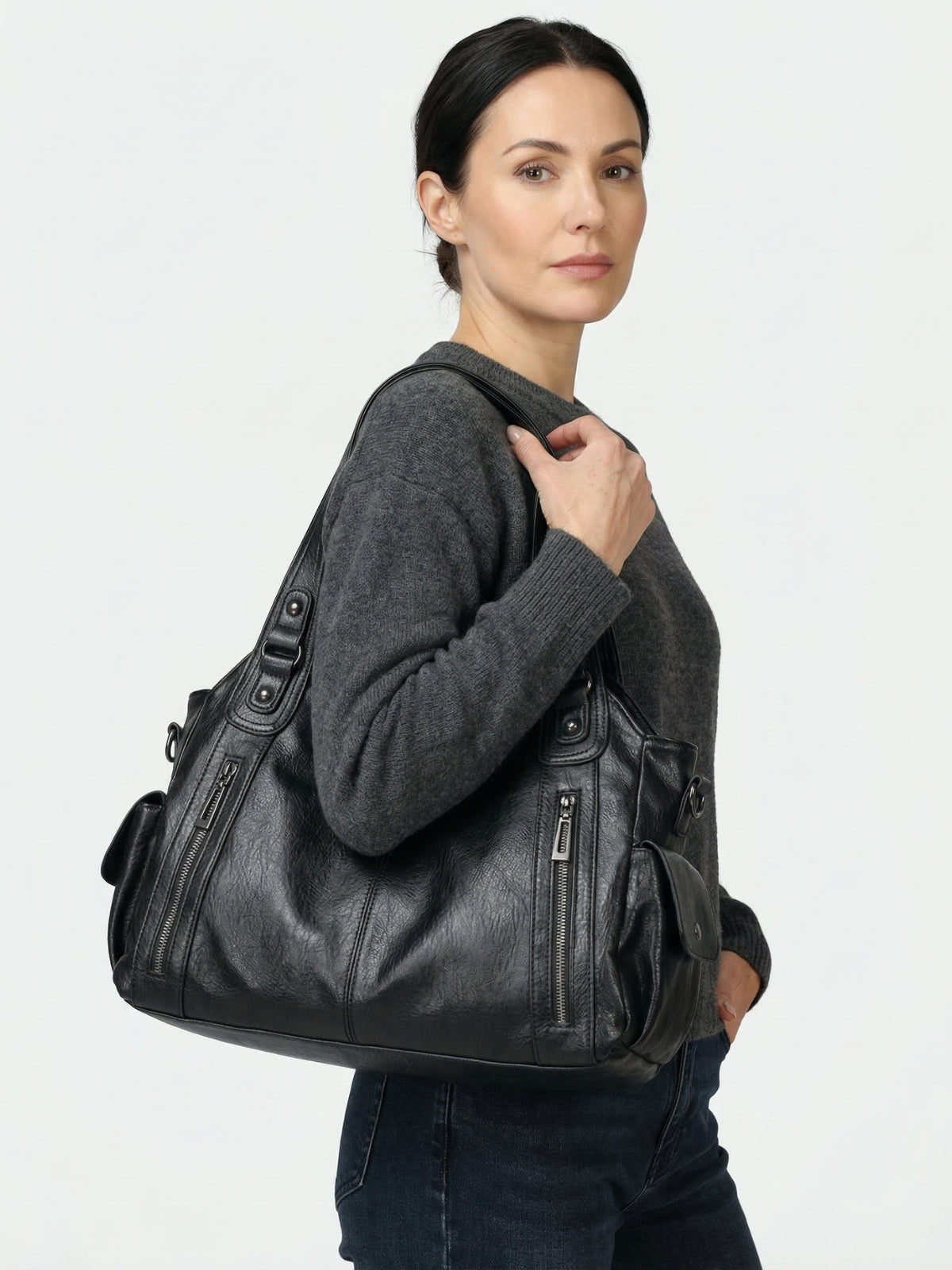 Multi-Pocket Leather Tote Bag