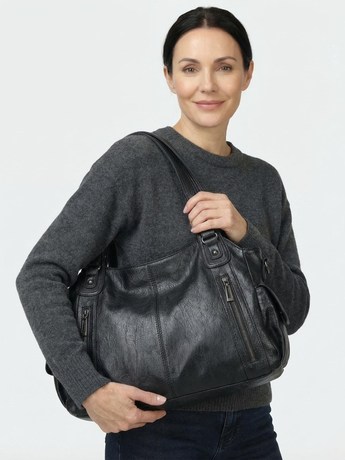 Multi-Pocket Leather Tote Bag