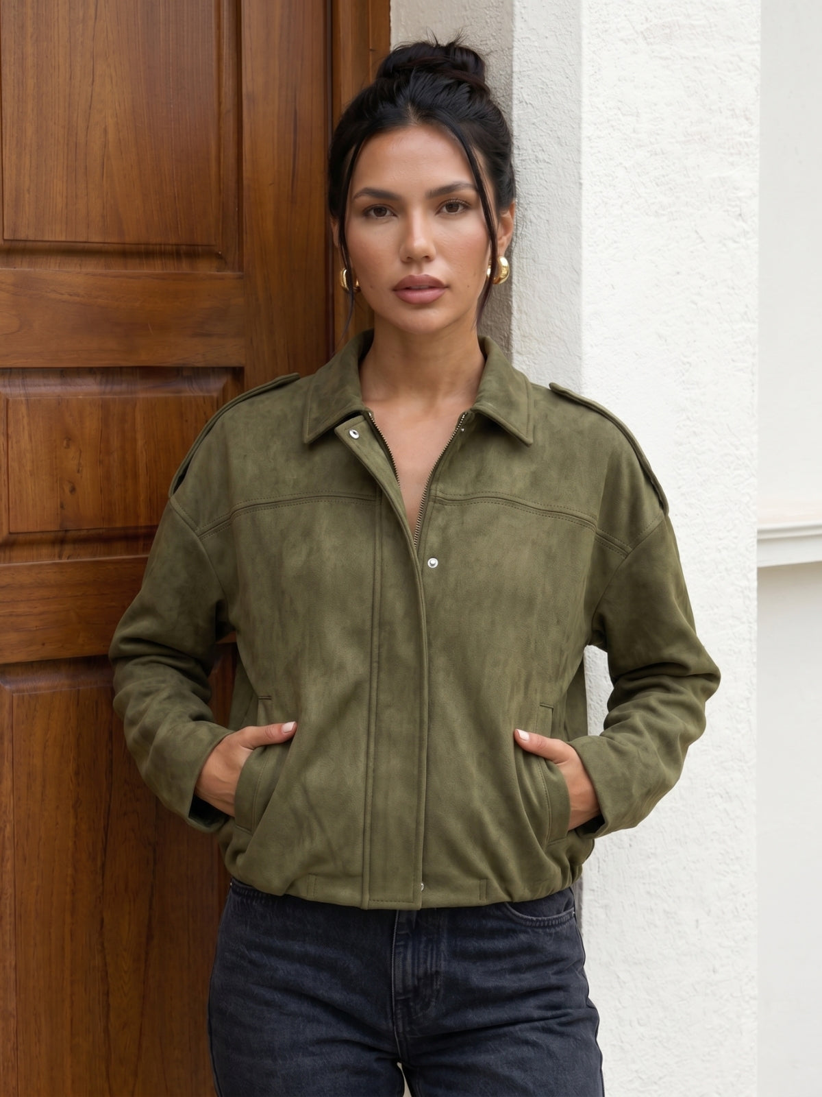 Suede Zip-Up Bomber Jacket