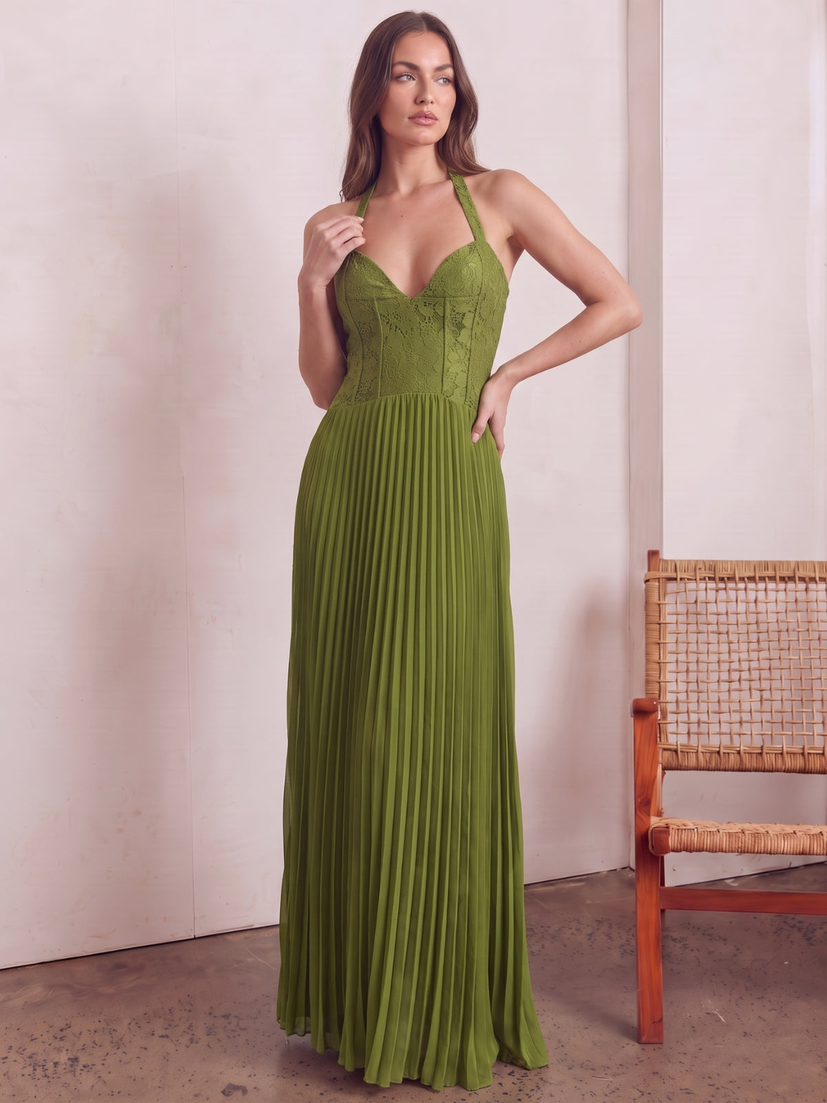 Vivienne Lace Pleated Halter Maxi Dress