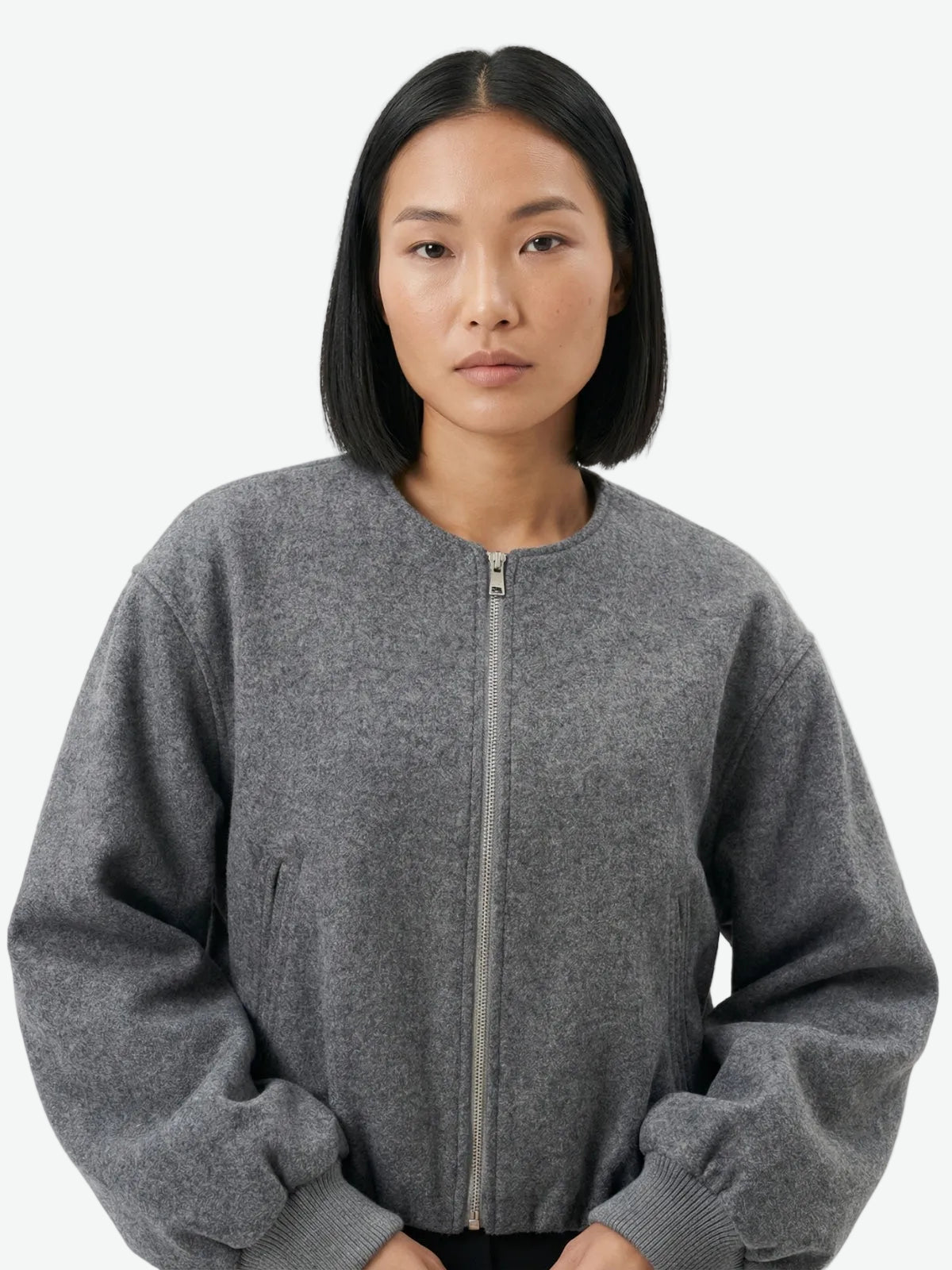 Collarless Wool Zip Bomber Jacket