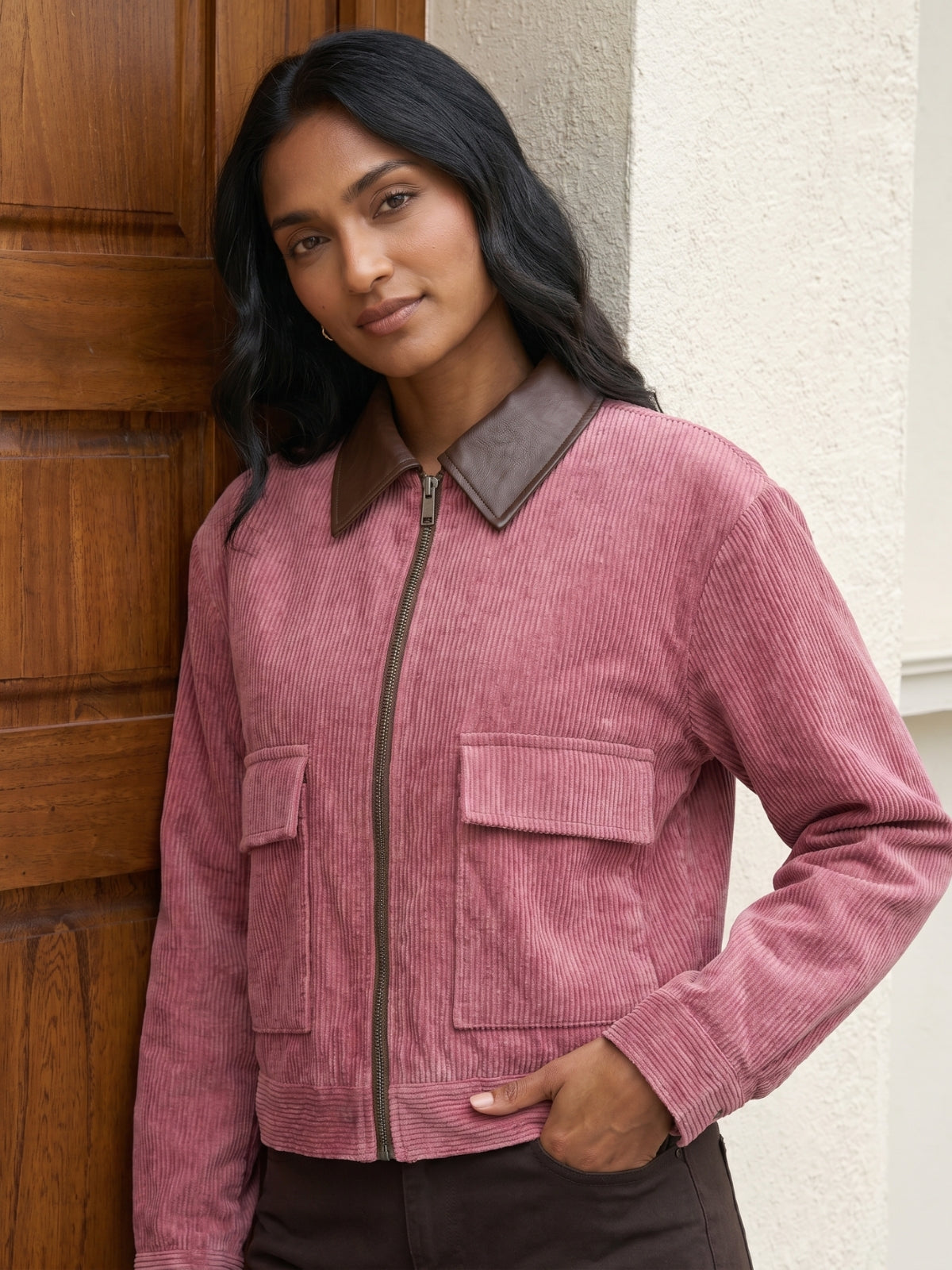 Corduroy Contrast Collar Zip Jacket