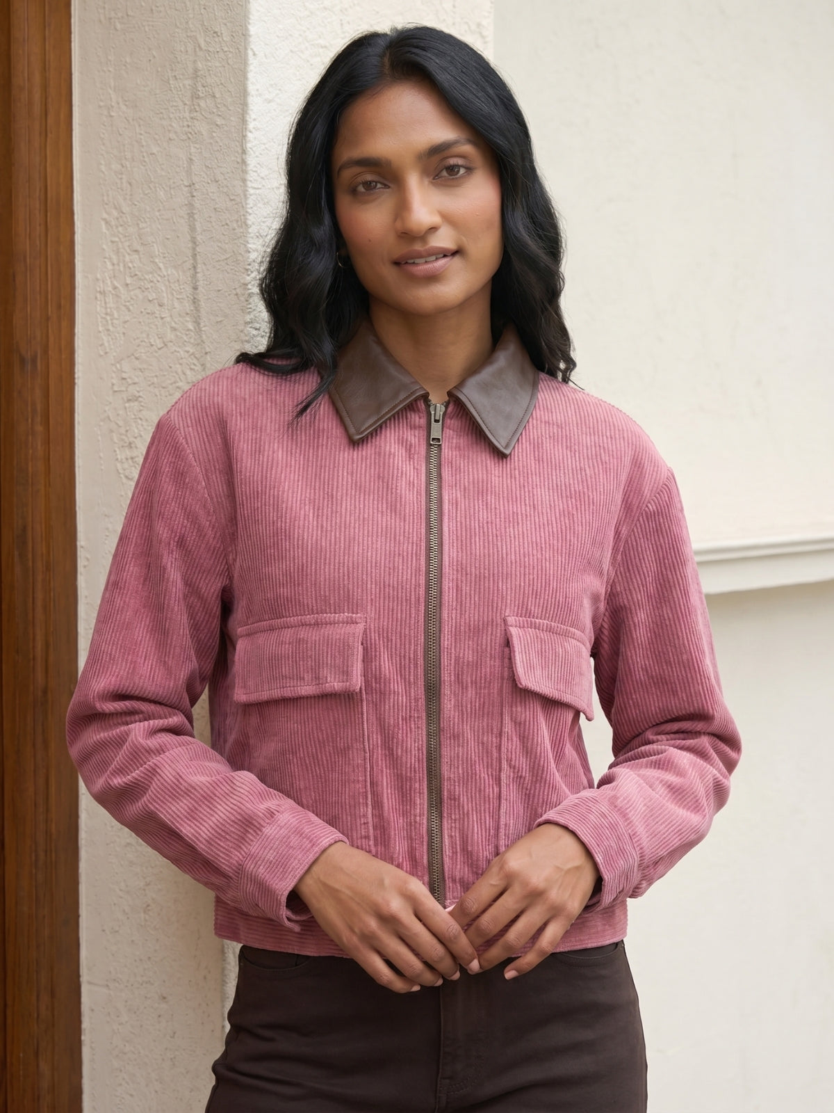 Corduroy Contrast Collar Zip Jacket