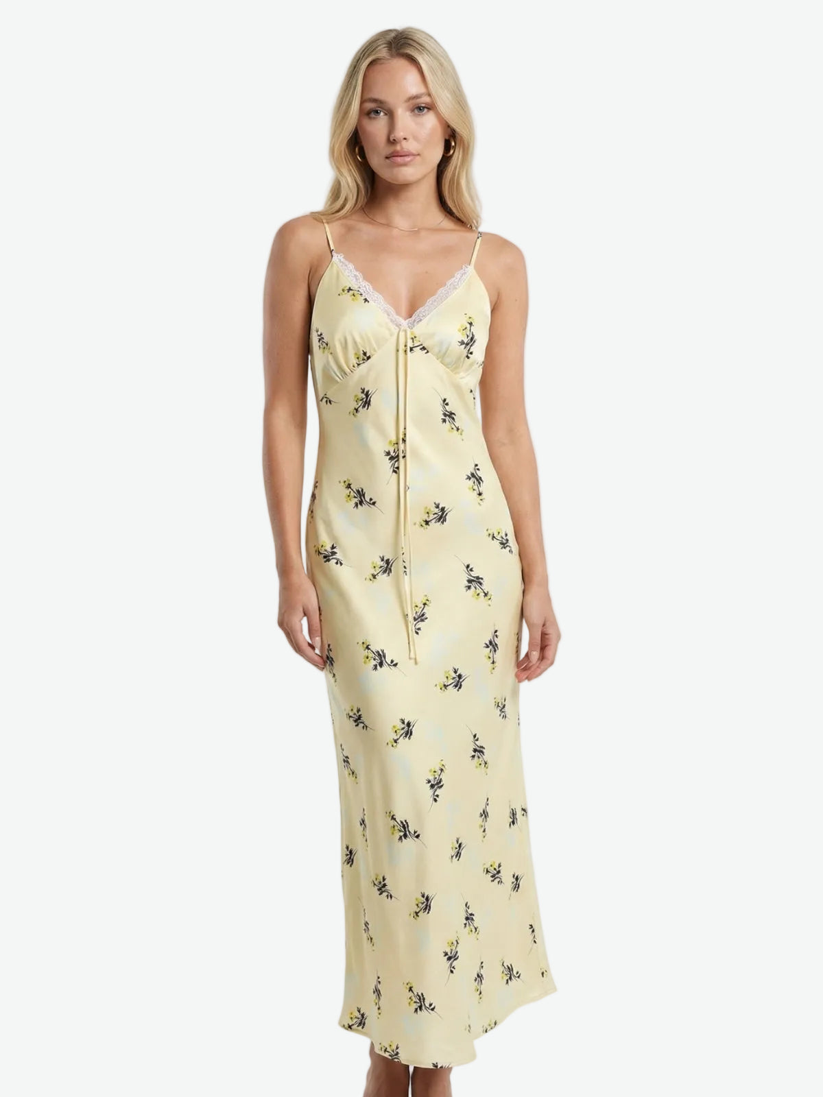 Floral Lace Trim Satin Maxi Dress