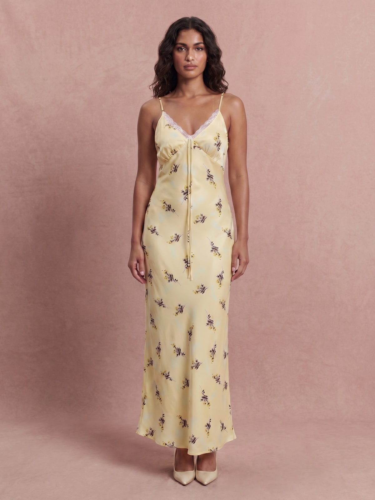 Floral Lace Trim Satin Maxi Dress