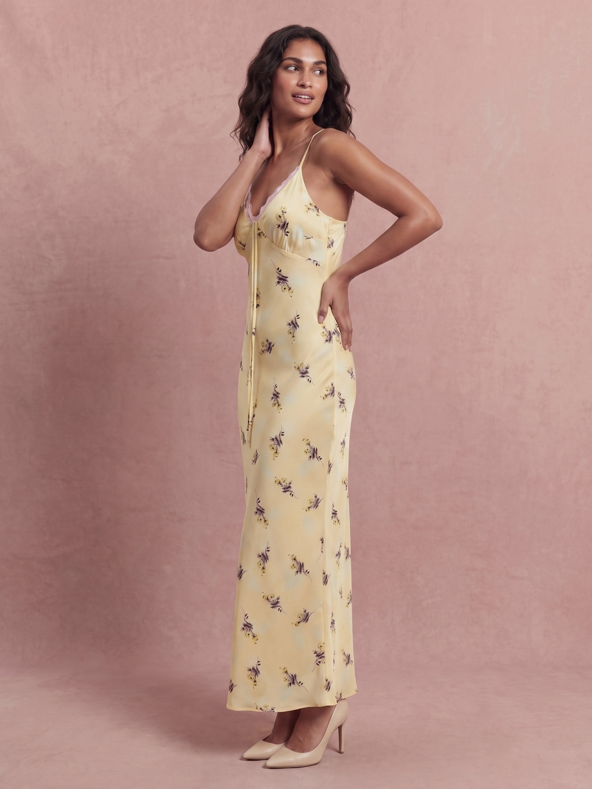 Floral Lace Trim Satin Maxi Dress