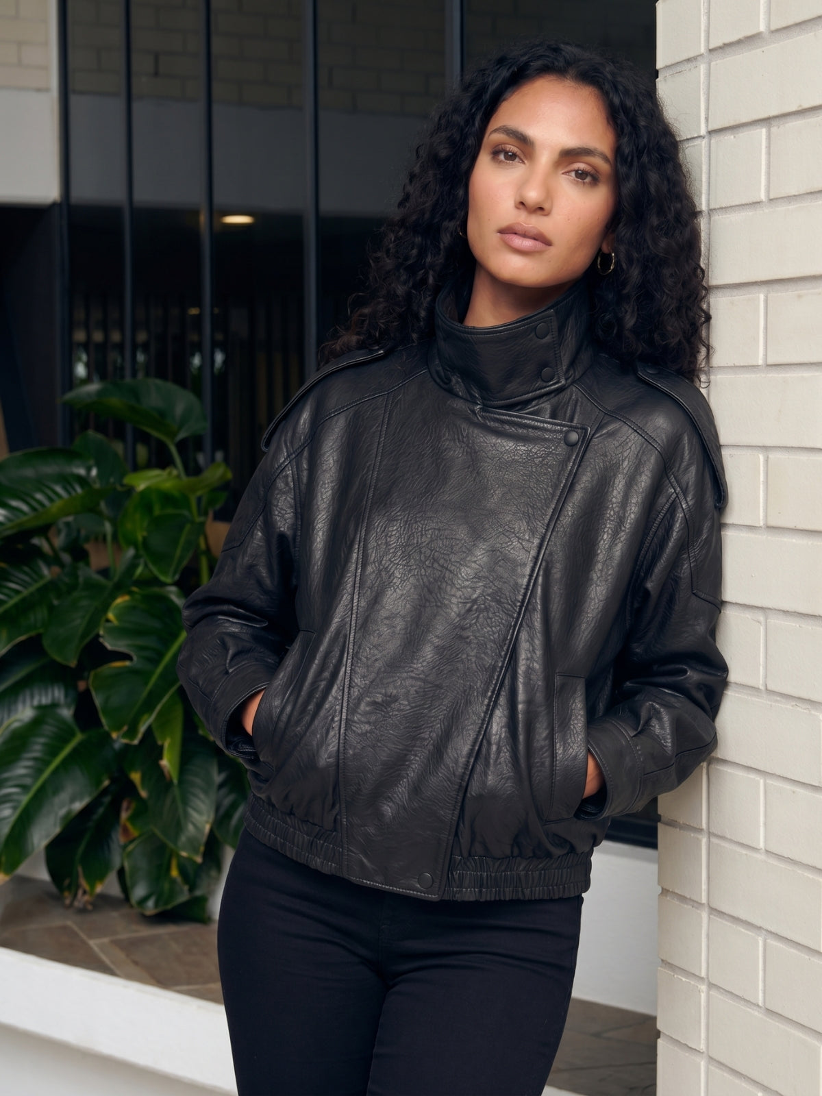 High Neck Faux Leather Moto Jacket