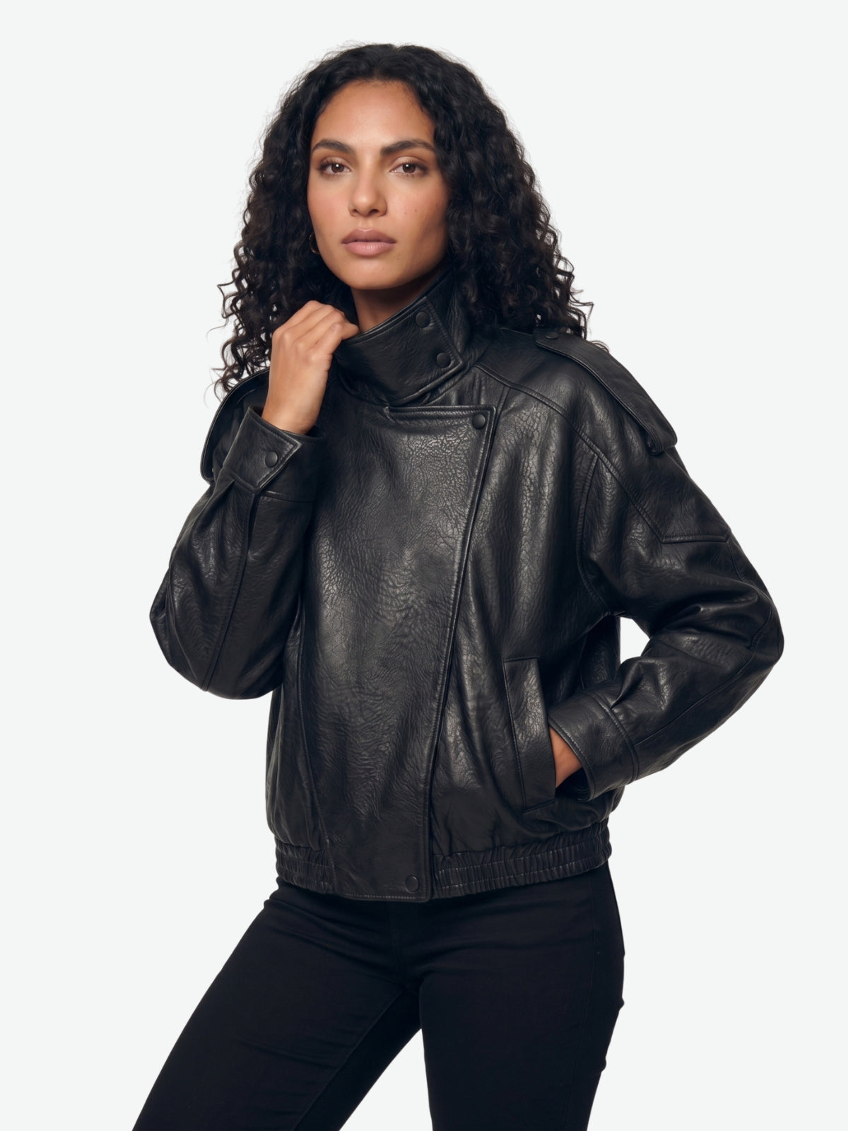 High Neck Faux Leather Moto Jacket