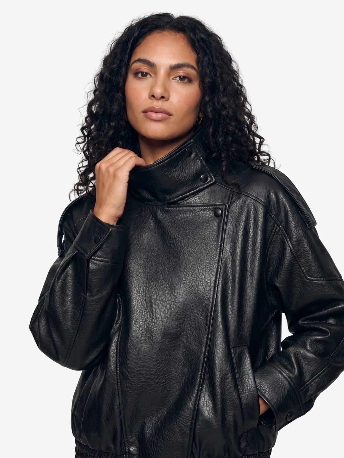 High Neck Faux Leather Moto Jacket