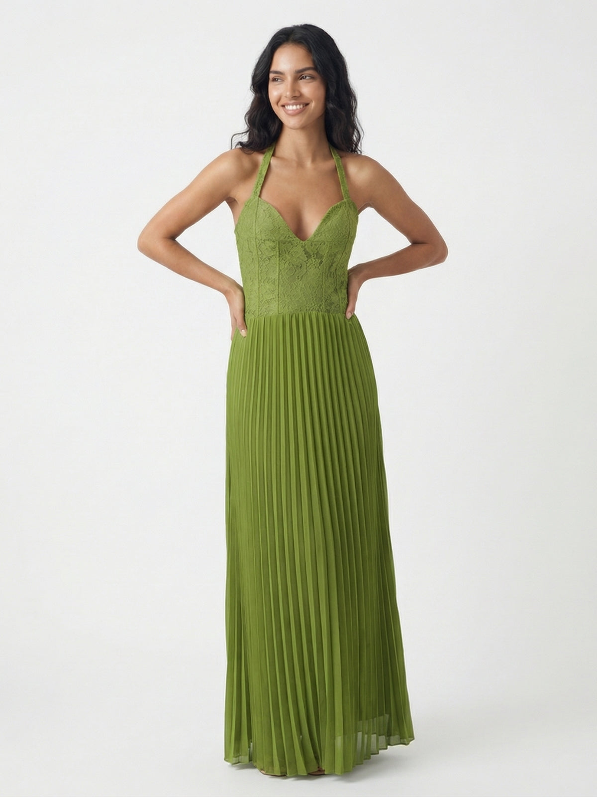 Lace Corset Pleated Halter Maxi Dress
