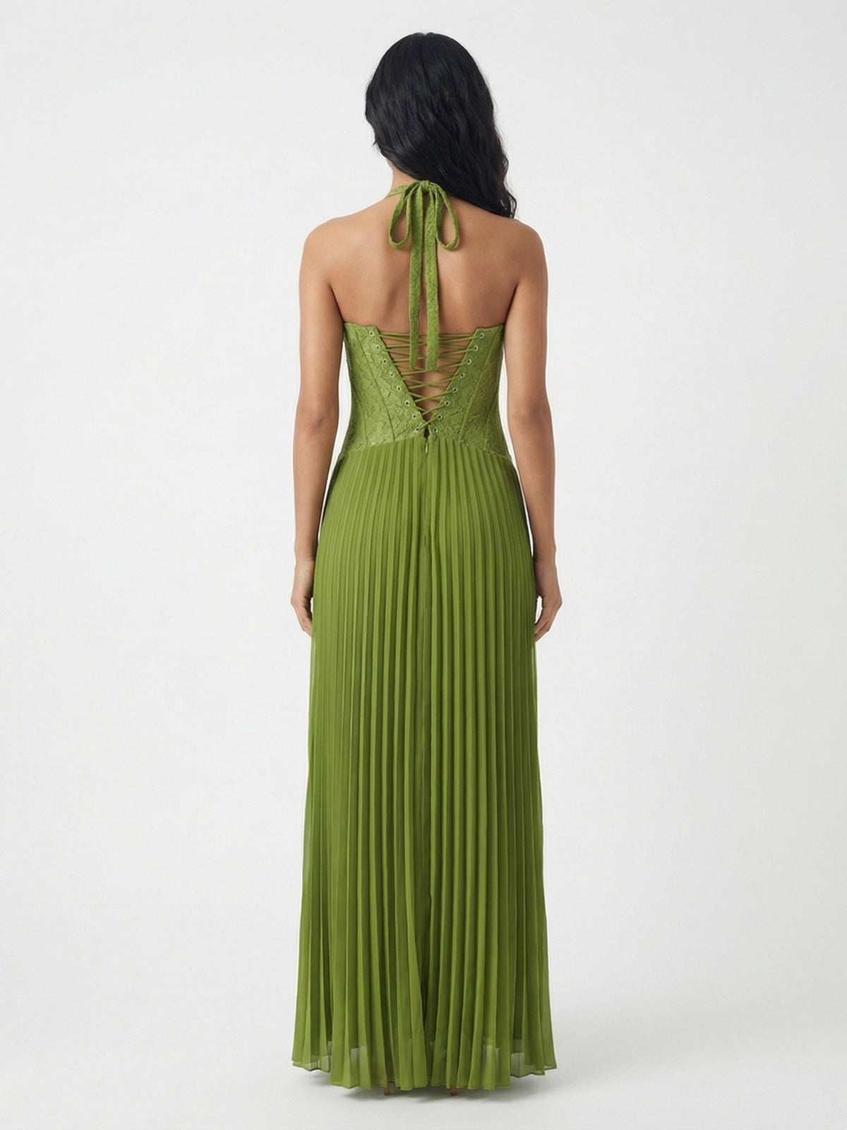 Lace Corset Pleated Halter Maxi Dress