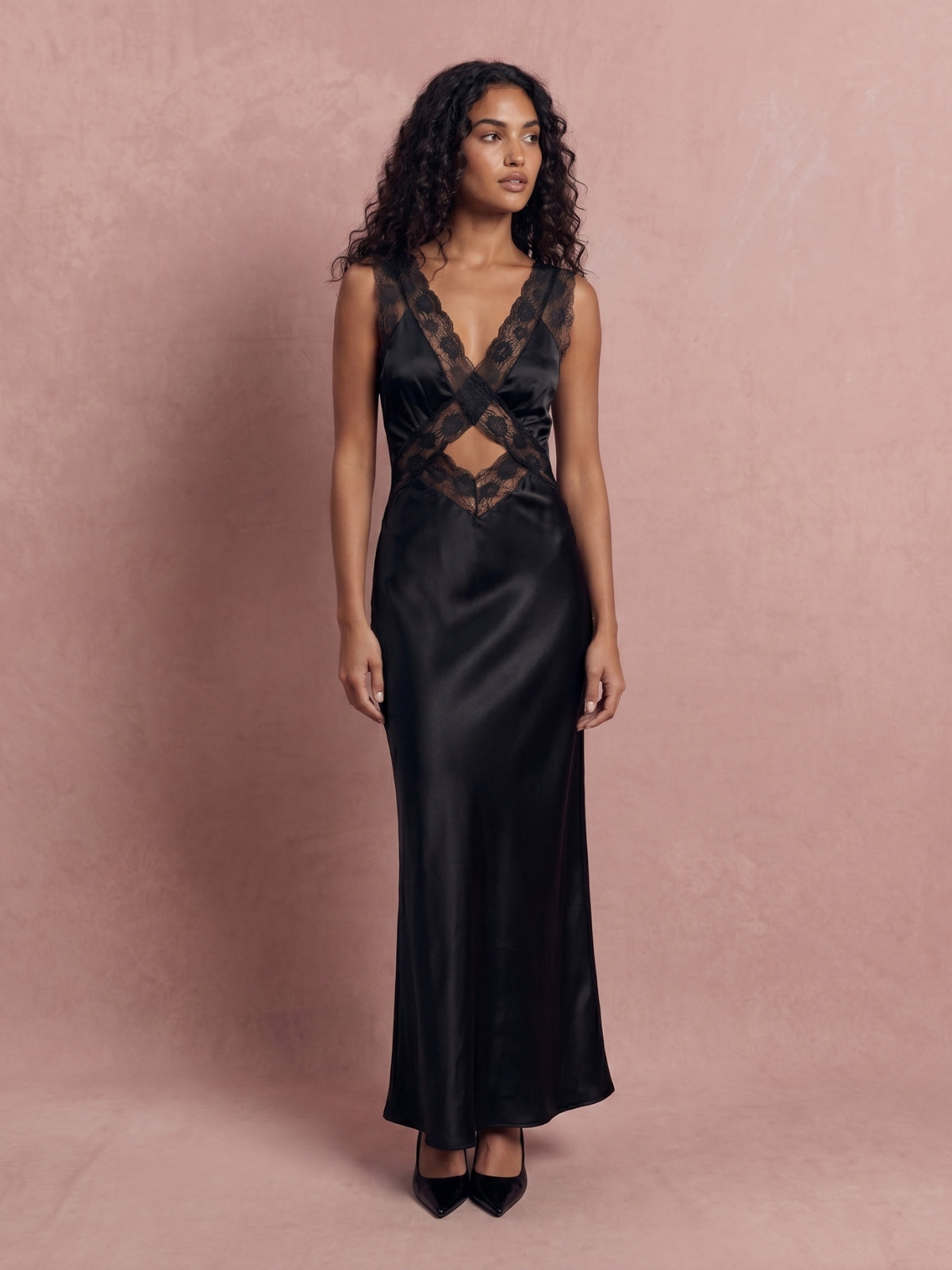 Lace Trim Cut-Out Satin Maxi Dress