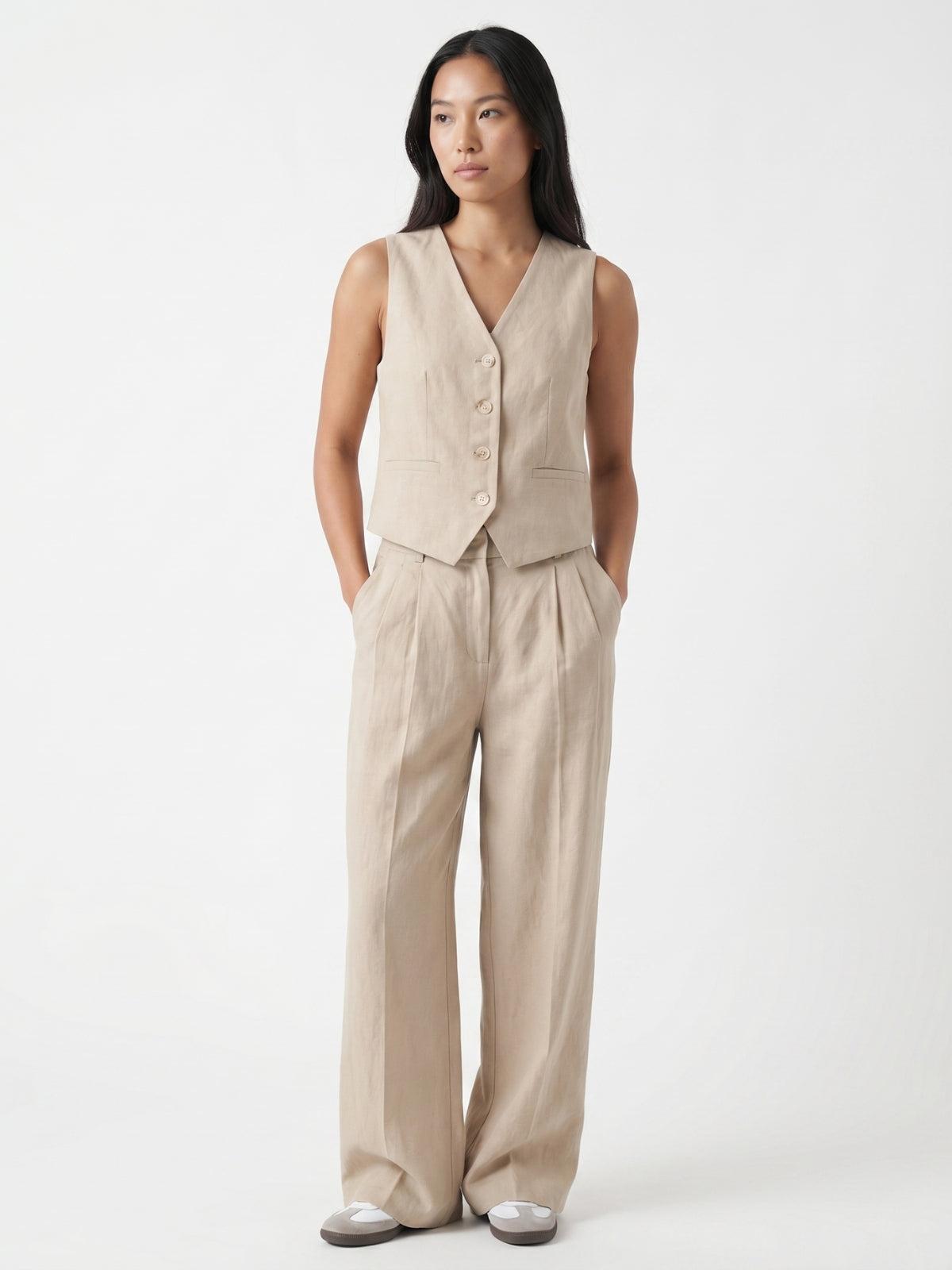 Linen Waistcoat And Wide Leg Trouser Set - Beige