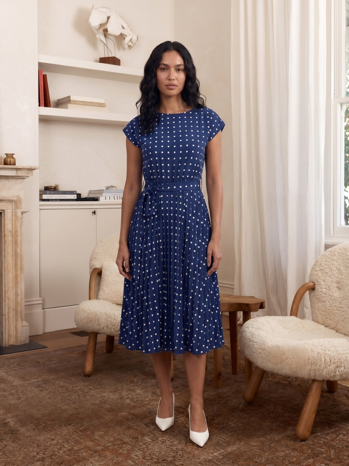 Polka Dot Pleated Belted Midi Dress