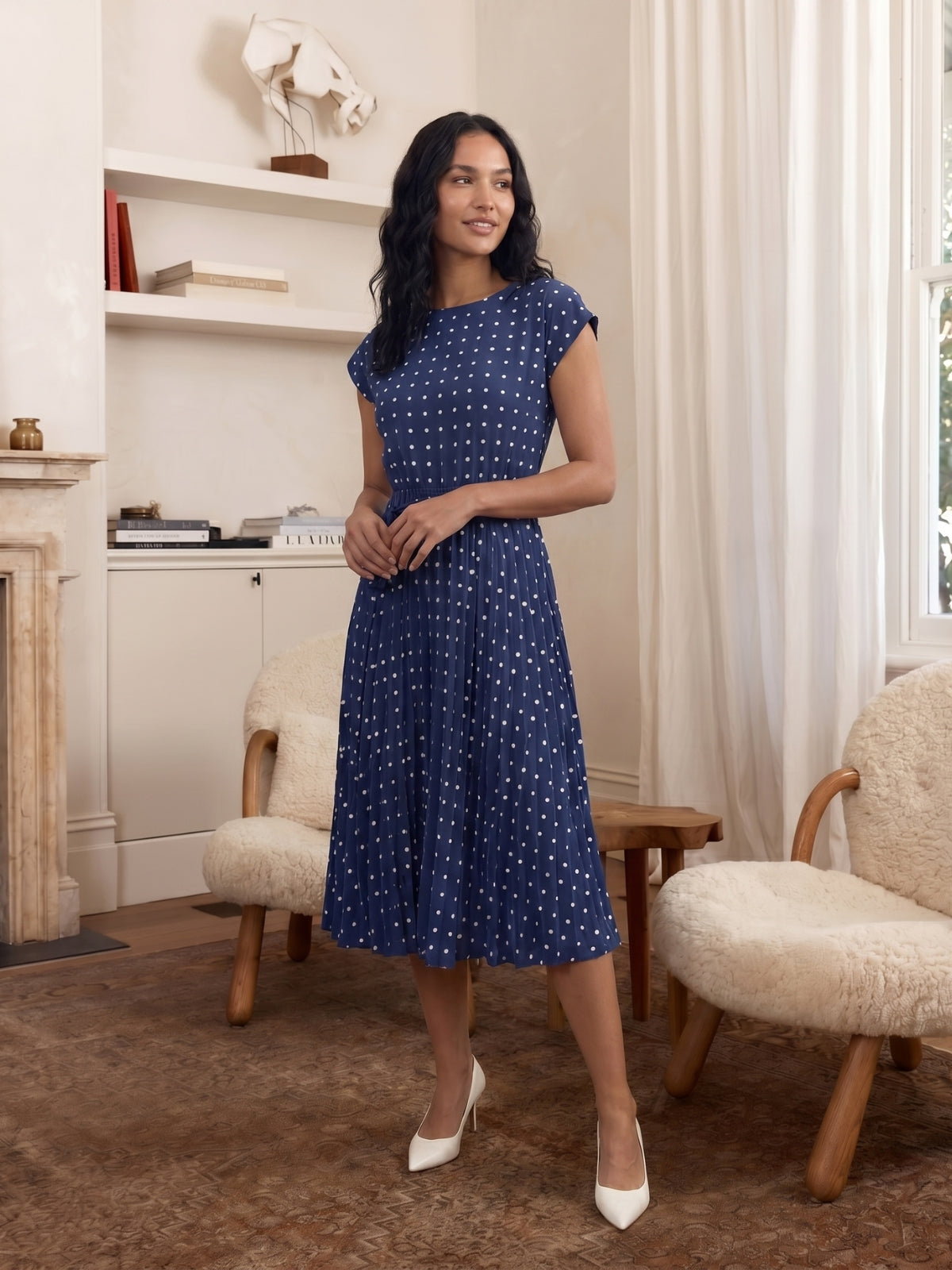 Polka Dot Pleated Belted Midi Dress