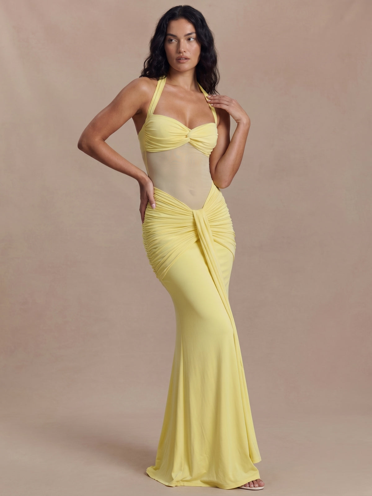 Sheer Mesh Halter Ruched Maxi Dress