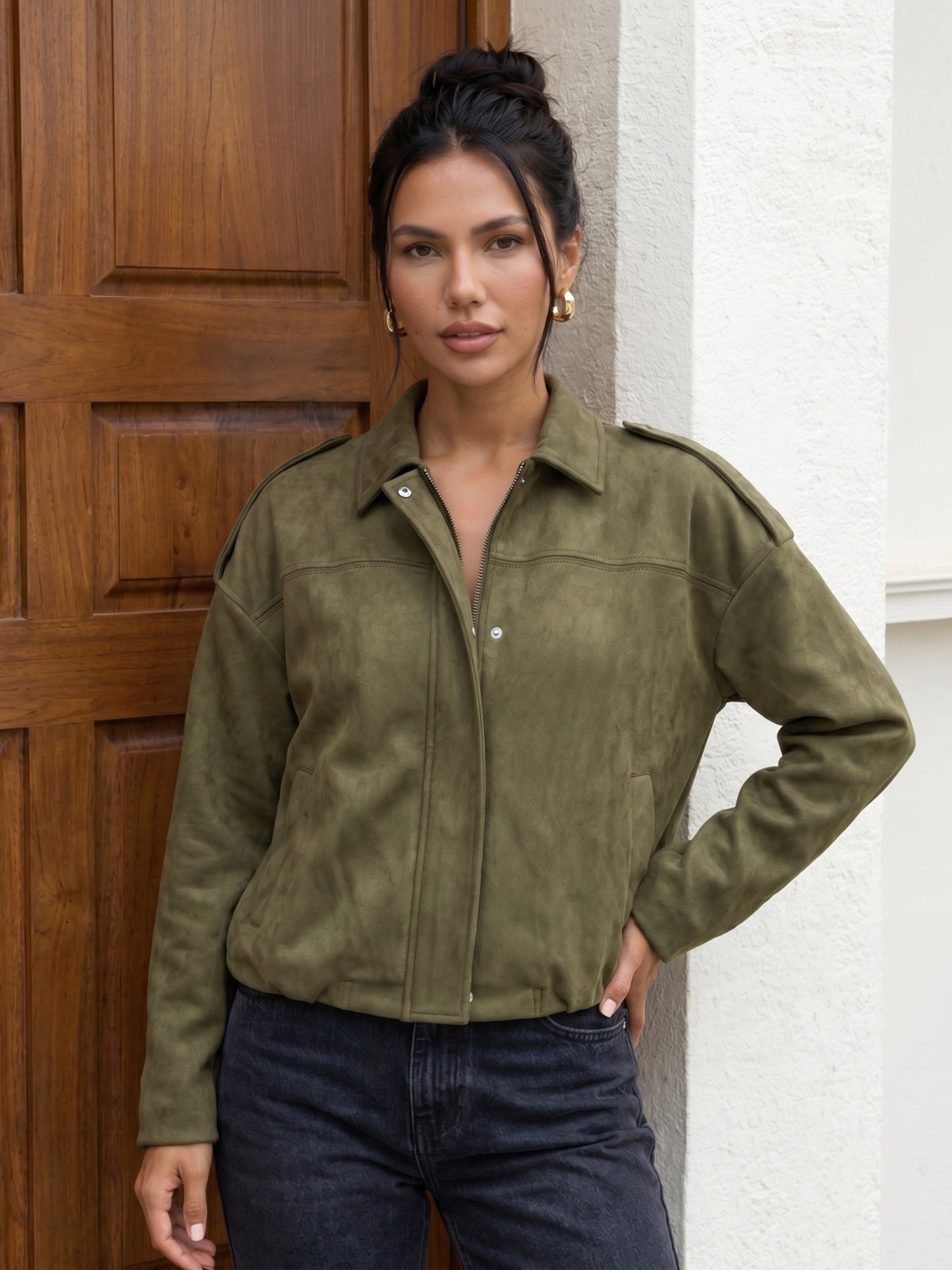 Suede Zip-Up Bomber Jacket
