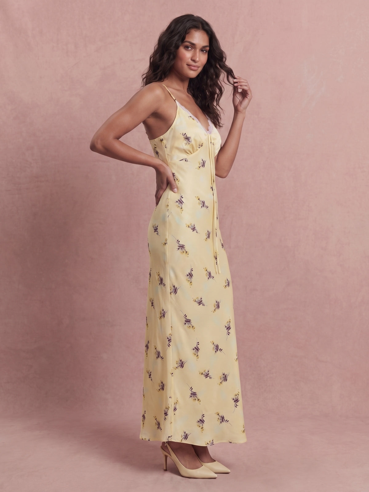 Seraphine Floral Lace Trim Satin Maxi Dress